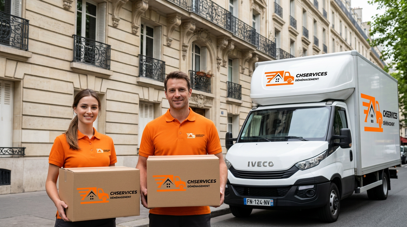 Équipe CHSERVICES Déménagement devant un immeuble haussmannien avec camion Iveco logoté